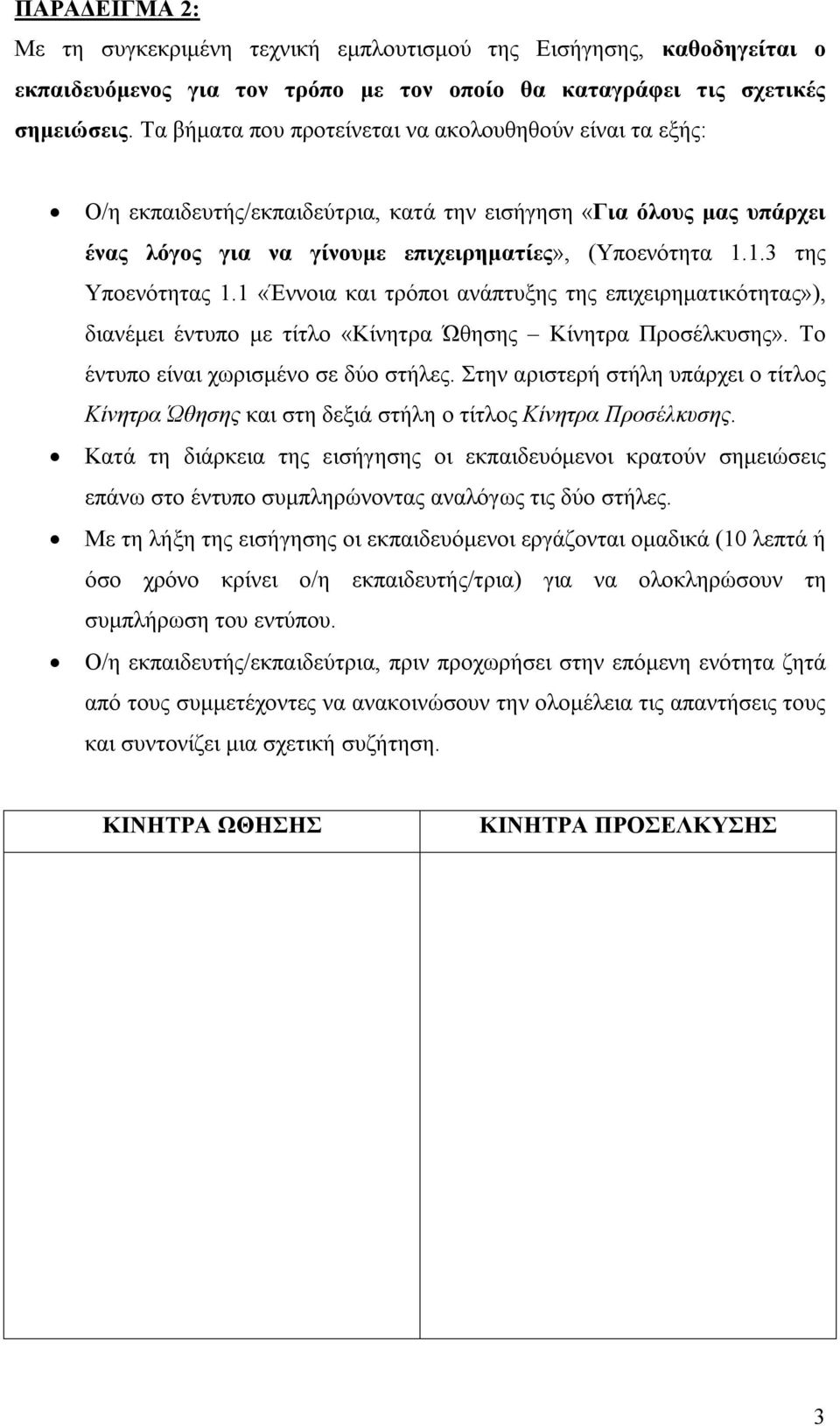 1.3 της Υποενότητας 1.1 «Έννοια και τρόποι ανάπτυξης της επιχειρηματικότητας»), διανέμει έντυπο με τίτλο «Κίνητρα Ώθησης Κίνητρα Προσέλκυσης». Το έντυπο είναι χωρισμένο σε δύο στήλες.