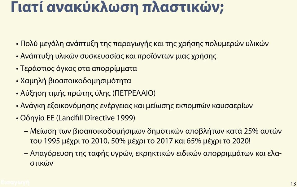 ενέργειας και μείωσης εκπομπών καυσαερίων Οδηγία ΕΕ (Land ll Directive 1999) Μείωση των βιοαποικοδομήσιμων δημοτικών αποβλήτων κατά 25%