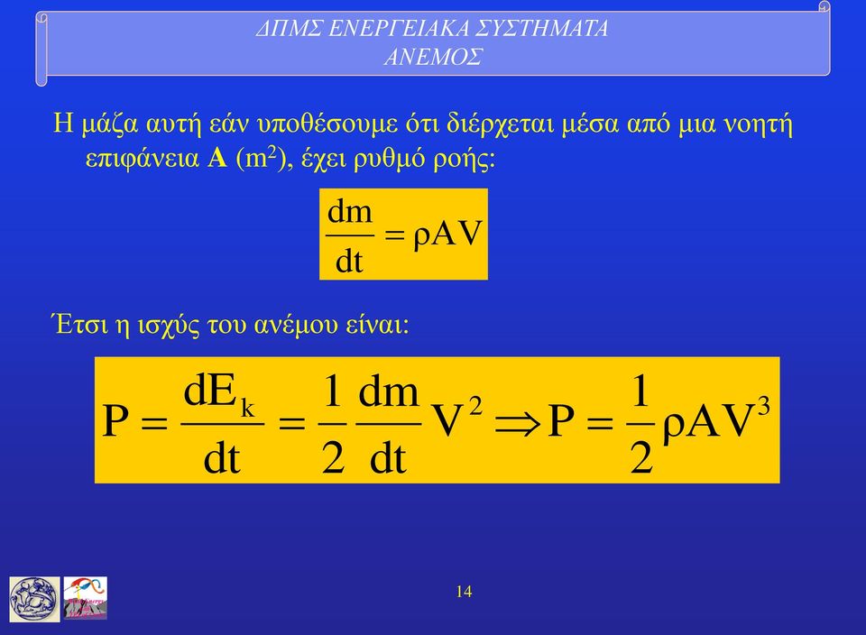 ρυθμό ροής: dm dt ρav Έτσι η ισχύς του