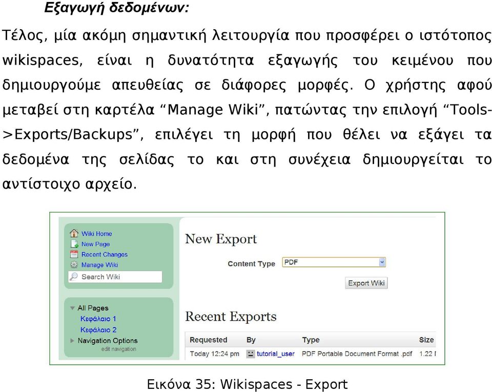 Ο χρήστης αφού μεταβεί στη καρτέλα Manage Wiki, πατώντας την επιλογή Tools>Exports/Backups, επιλέγει τη