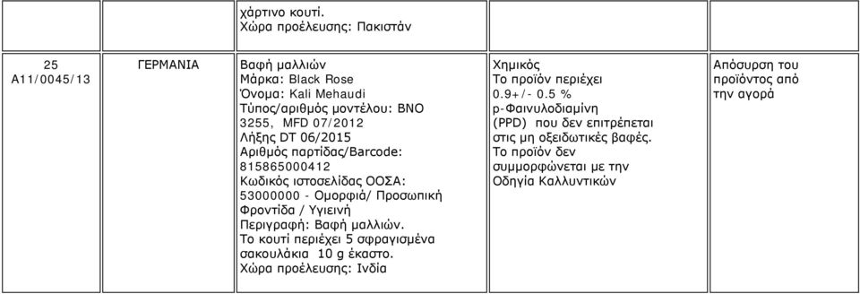 07/2012 Λήξης DT 06/2015 815865000412 53000000 - Ομορφιά/ Προσωπική Φροντίδα / Υγιεινή Περιγραφή: Βαφή μαλλιών.