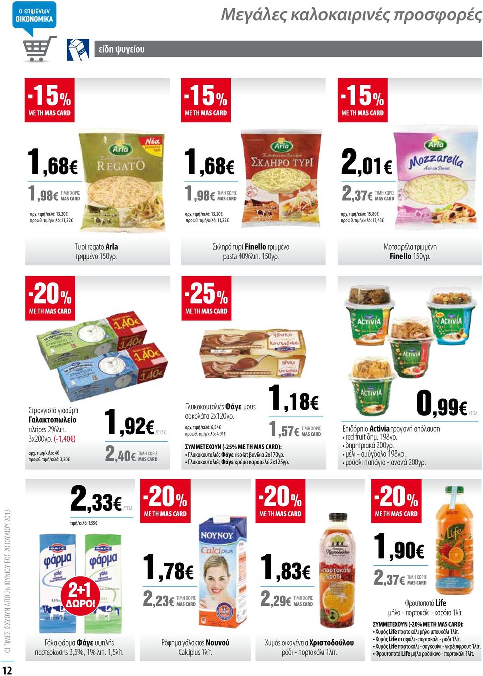 τιμή/κιλό: 13,43 Σκληρό τυρί Finello τριμμένο pasta 40%λιπ. 150γρ. 12 2,37 Μοτσαρέλα τριμμένη Finello 150γρ. 1,92 Γλυκοκουταλιές Φάγε μους σοκολάτα 2χ120γρ. /ΣΥΣΚ. 2,40 αρχ. τιμή/κιλό: 6,54 προωθ.