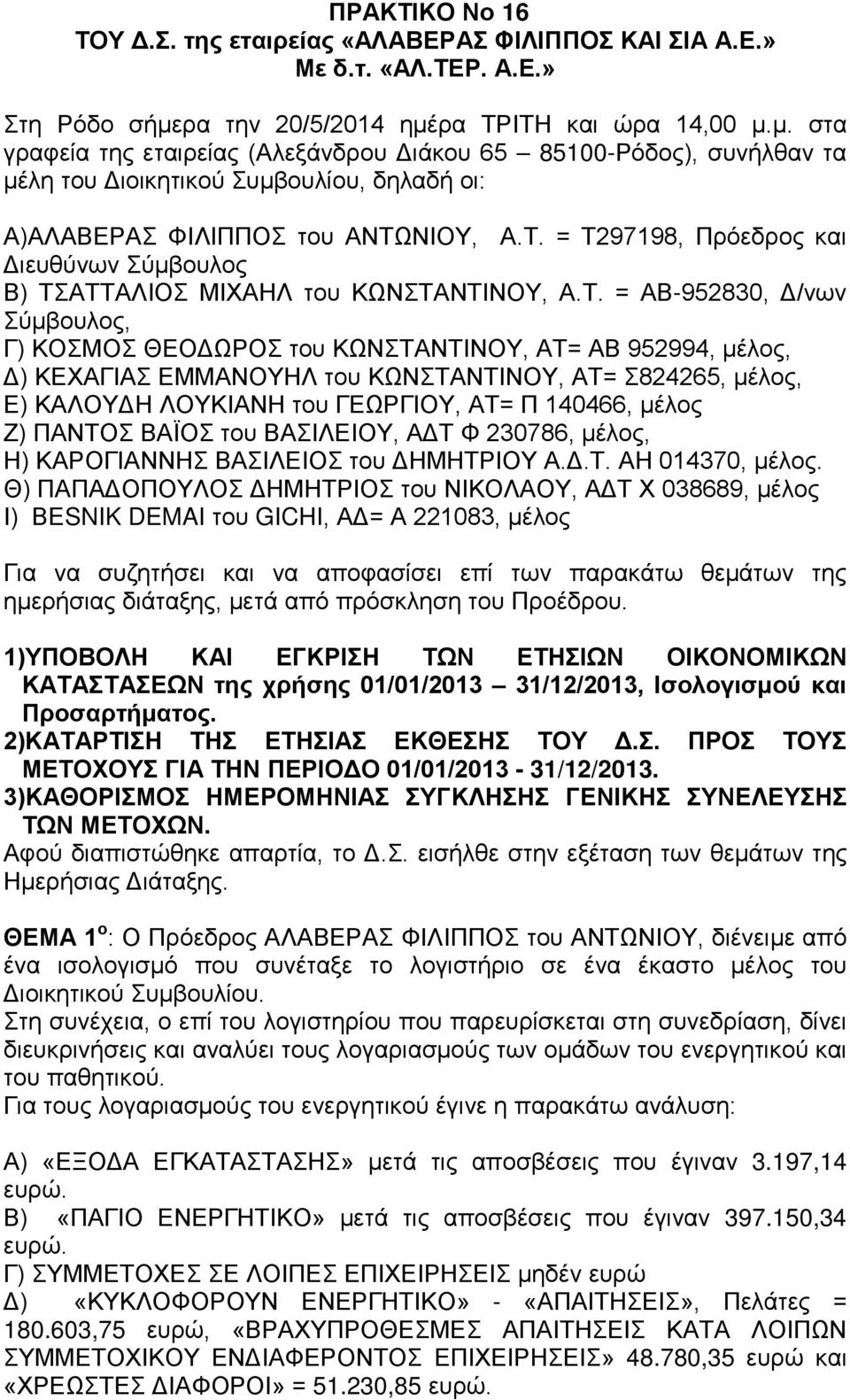 Τ. = Τ297198, Πρόεδρος και Διευθύνων Σύμβουλος Β) ΤΣΑΤΤΑΛΙΟΣ ΜΙΧΑΗΛ του ΚΩΝΣΤΑΝΤΙΝΟΥ, Α.Τ. = ΑΒ-952830, Δ/νων Σύμβουλος, Γ) ΚΟΣΜΟΣ ΘΕΟΔΩΡΟΣ του ΚΩΝΣΤΑΝΤΙΝΟΥ, ΑΤ= ΑΒ 952994, μέλος, Δ) ΚΕΧΑΓΙΑΣ