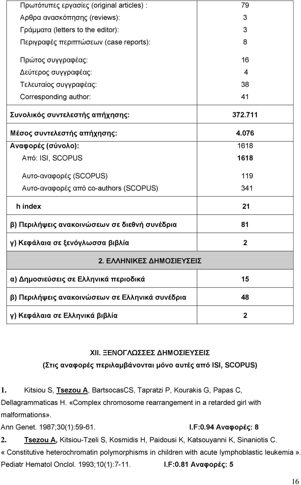 076 Αναφορές (σύνολο): Από: ISI, SCOPUS 1618 1618 Αυτο-αναφορές (SCOPUS) Αυτο-αναφορές από co-authors (SCOPUS) 119 341 h index 21 β) Περιλήψεις ανακοινώσεων σε διεθνή συνέδρια 81 γ) Κεφάλαια σε