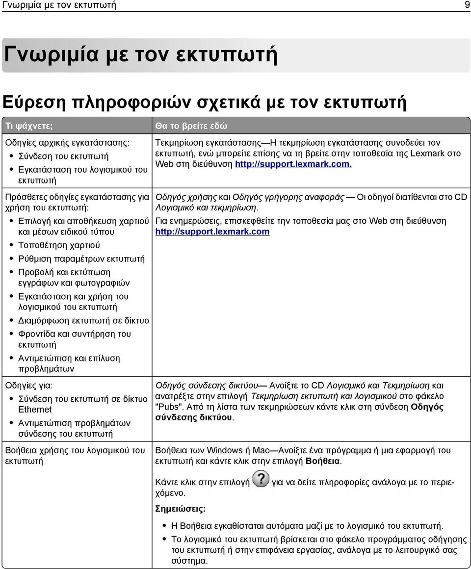 φωτογραφιών Εγκατάσταση και χρήση του λογισμικού του εκτυπωτή Διαμόρφωση εκτυπωτή σε δίκτυο Φροντίδα και συντήρηση του εκτυπωτή Αντιμετώπιση και επίλυση προβλημάτων Οδηγίες για: Σύνδεση του εκτυπωτή