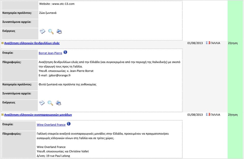 περιοχή της Χαλκιδικής) με σκοπό την εξαγωγή τους προς τη Γαλλία. Υπευθ. επικοινωνίας: κ. Jean-Pierre Borrat E-mail : jpbor@orange.