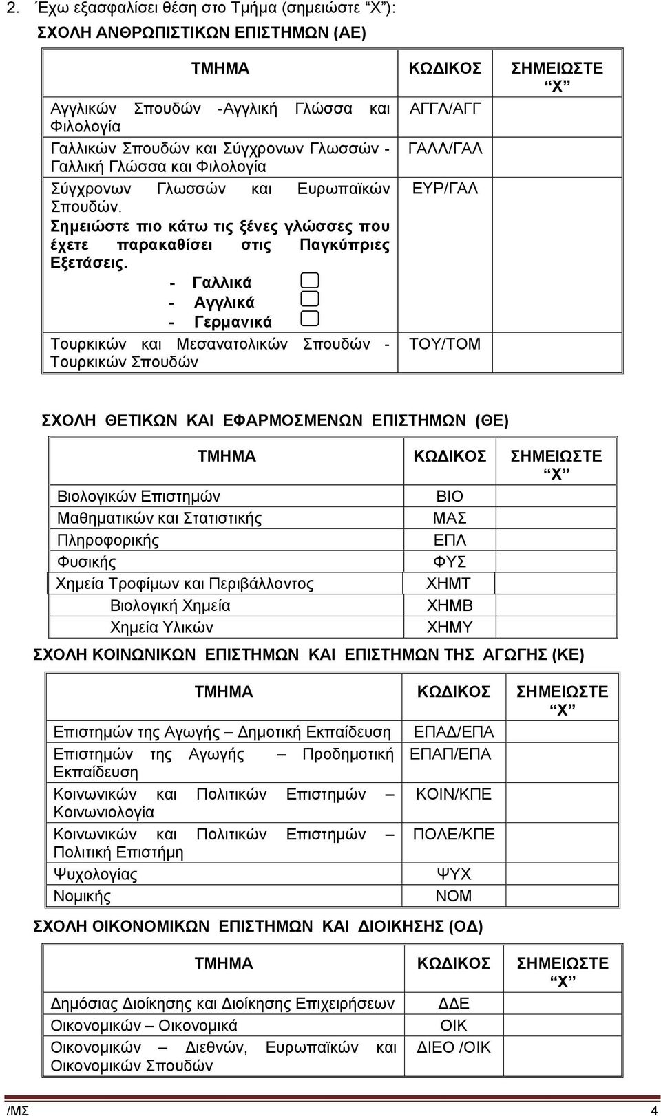 - Γαλλικά - Αγγλικά - Γερμανικά Τουρκικών και Μεσανατολικών Σπουδών - ΤΟΥ/ΤΟΜ Τουρκικών Σπουδών ΣΧΟΛΗ ΘΕΤΙΚΩΝ ΚΑΙ ΕΦΑΡΜΟΣΜΕΝΩΝ ΕΠΙΣΤΗΜΩΝ (ΘΕ) Βιολογικών Επιστημών ΒΙΟ Μαθηματικών και Στατιστικής ΜΑΣ