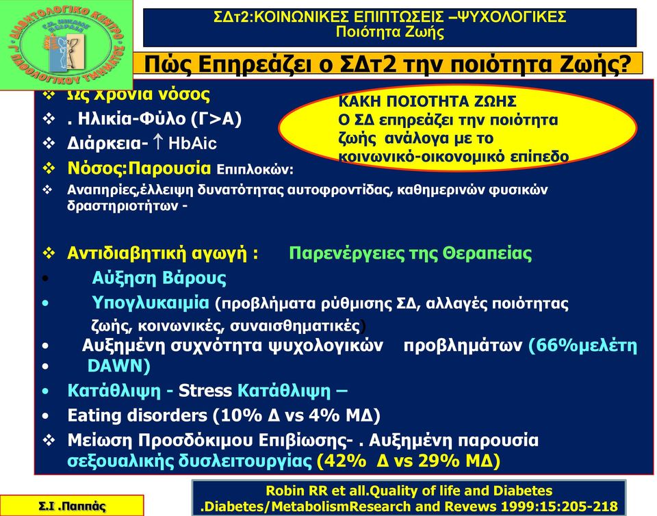 Αύξηση Βάρους Παρενέργειες της Θεραπείας Υπογλυκαιμία (προβλήματα ρύθμισης ΣΔ, αλλαγές ποιότητας ζωής, κοινωνικές, συναισθηματικές) Αυξημένη συχνότητα ψυχολογικών προβλημάτων (66%μελέτη DAWN)