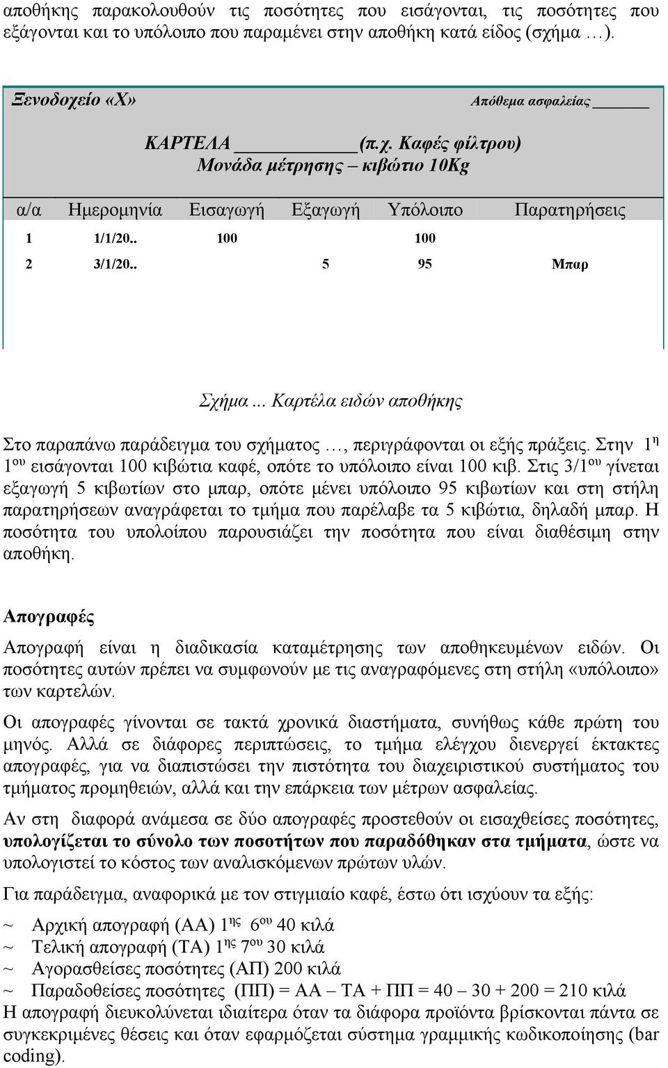 .. Καρτέλα ειδών αποθήκης Στο παραπάνω παράδειγμα του σχήματος, περιγράφονται οι εξής πράξεις. Στην 1 η 1 ου εισάγονται 100 κιβώτια καφέ, οπότε το υπόλοιπο είναι 100 κιβ.