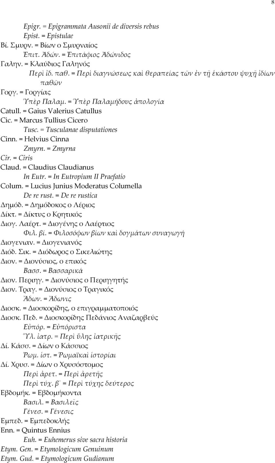 = Tusculanae disputationes Cinn. = Helvius Cinna Zmyrn. = Zmyrna Cir. = Ciris Claud. = Claudius Claudianus In Eutr. = In Eutropium II Praefatio Colum. = Lucius Junius Moderatus Columella De re rust.