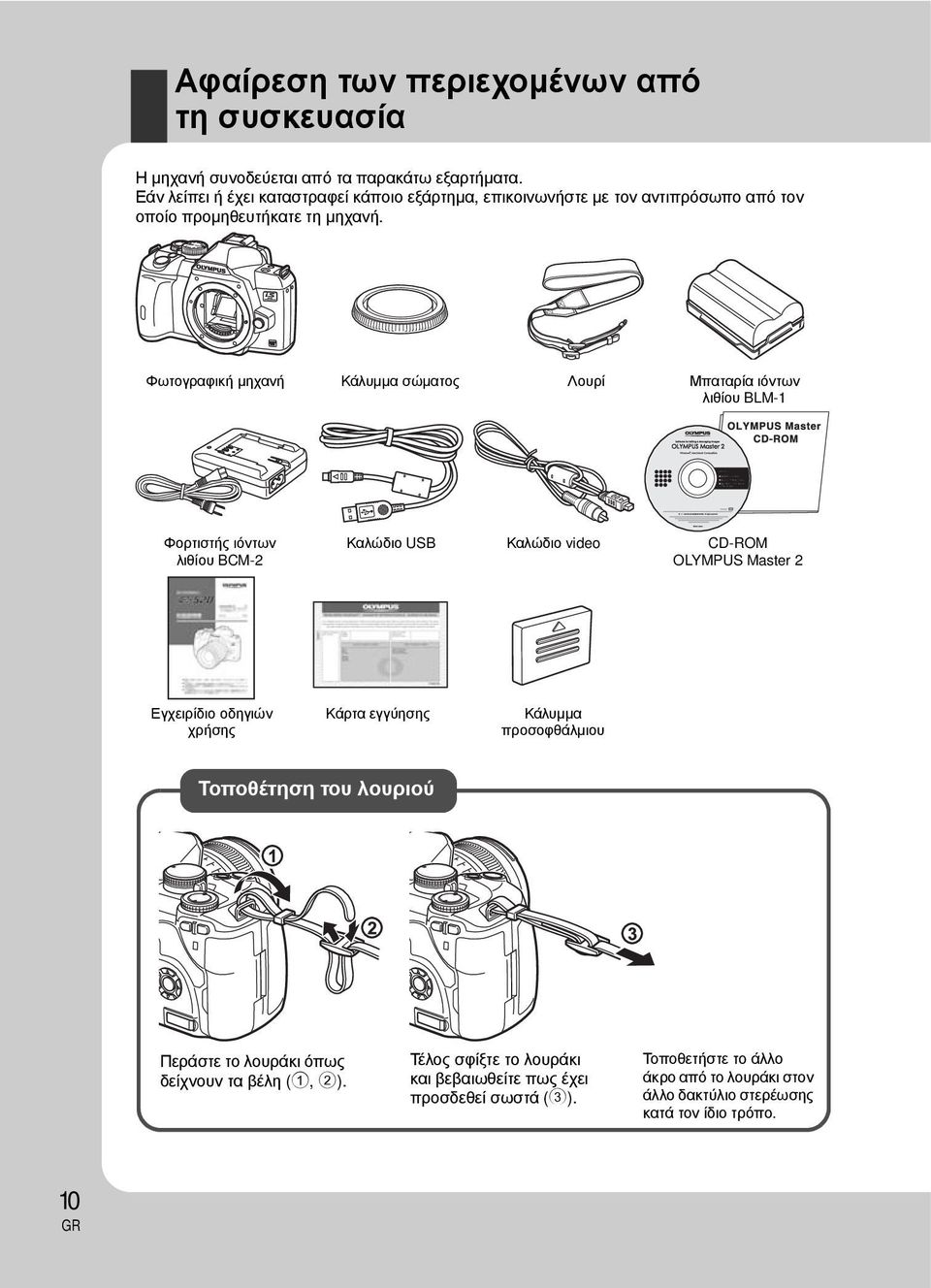 Φωτογραφική μηχανή Κάλυμμα σώματος Λουρί Μπαταρία ιόντων λιθίου BLM-1 Φορτιστής ιόντων λιθίου BCM-2 Καλώδιο USB Καλώδιο video CD-ROM OLYMPUS Master 2 Εγχειρίδιο