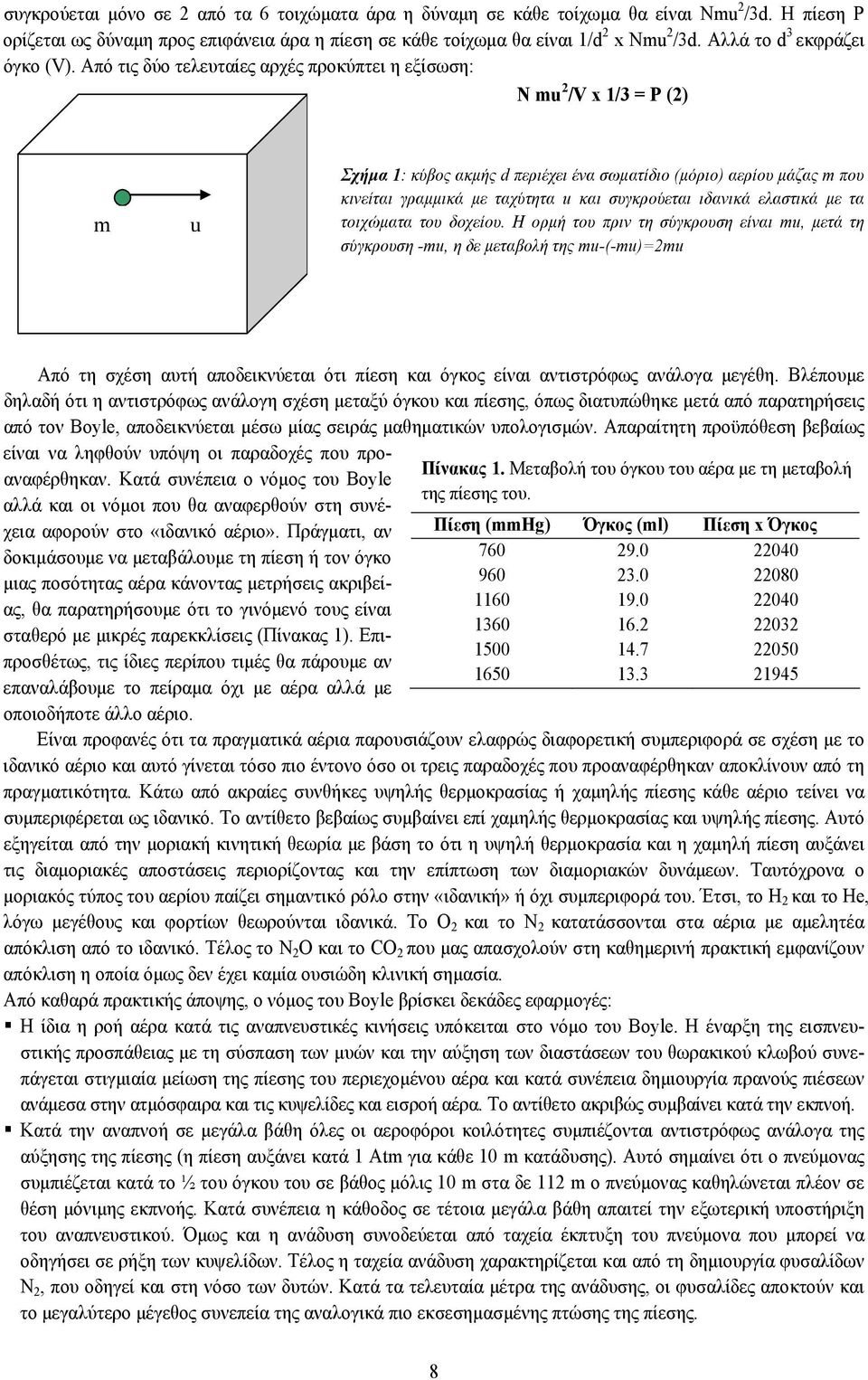 Από τις δύο τελευταίες αρχές προκύπτει η εξίσωση: Ν mu 2 /V x 1/3 = P (2) m u Σχήμα 1: κύβος ακμής d περιέχει ένα σωματίδιο (μόριο) αερίου μάζας m που κινείται γραμμικά με ταχύτητα u και συγκρούεται