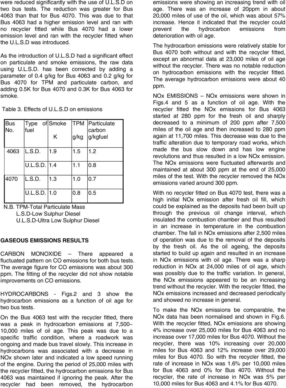 As the introduction of U.L.S.D had a significant effect on particulate and smoke emissions, the raw data using U.L.S.D. has been corrected by adding a parameter of g/kg for Bus 63 and g/kg for Bus 7 for TPM and particulate carbon, and adding.