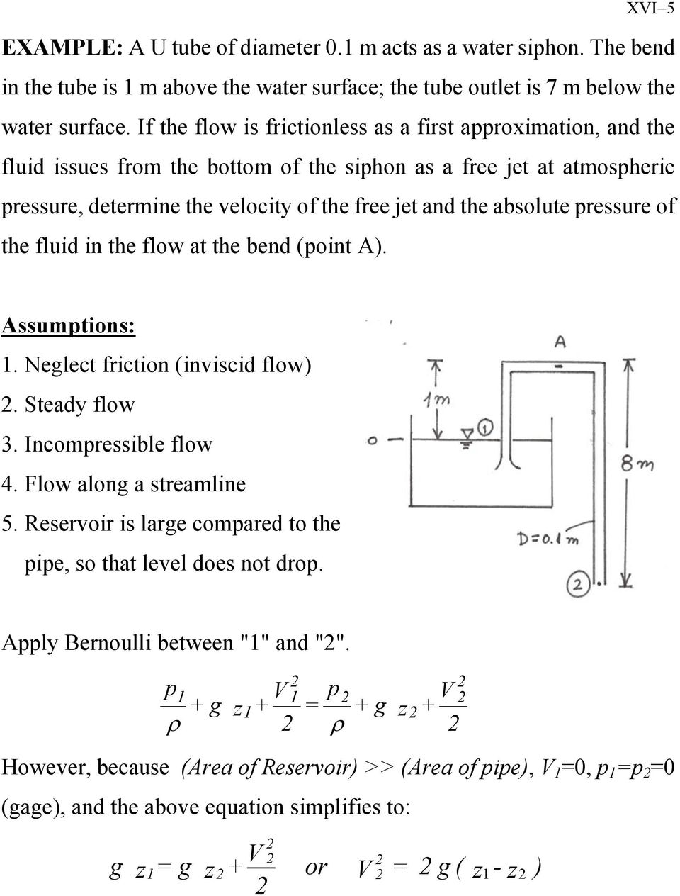 absolute ressure of the fluid in the flow at the bend (oint A). Assumtions:. Neglect friction (inviscid flow). Steady flow. Incomressible flow 4. Flow along a streamline 5.