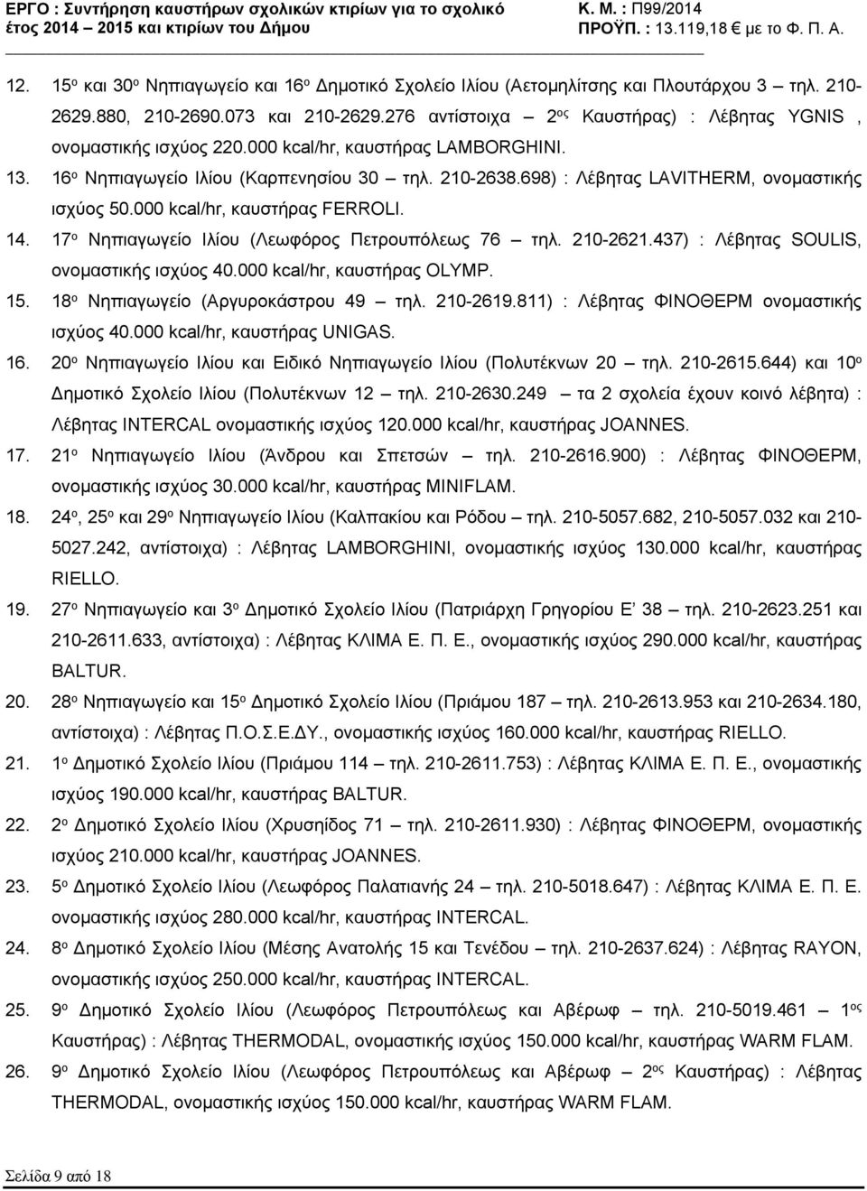 698) : Λέβητας LAVITHERM, ονομαστικής ισχύος 50.000 kcal/hr, καυστήρας FERROLI. 14. 17 ο Νηπιαγωγείο Ιλίου (Λεωφόρος Πετρουπόλεως 76 τηλ. 210-2621.437) : Λέβητας SOULIS, ονομαστικής ισχύος 40.