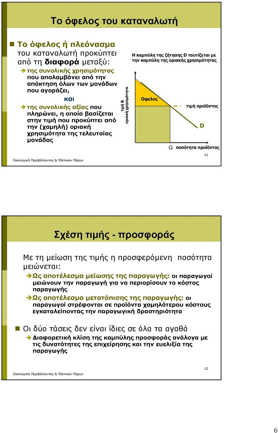 την καμπύλη της οριακής χρησιμότητας Οφελος τιμή προϊόντος D Q ποσότητα προϊόντος 11 Σχέση τιμής - προσφοράς Με τη μείωση της τιμής η προσφερόμενη ποσότητα μειώνεται: Ως αποτέλεσμα μείωσης της