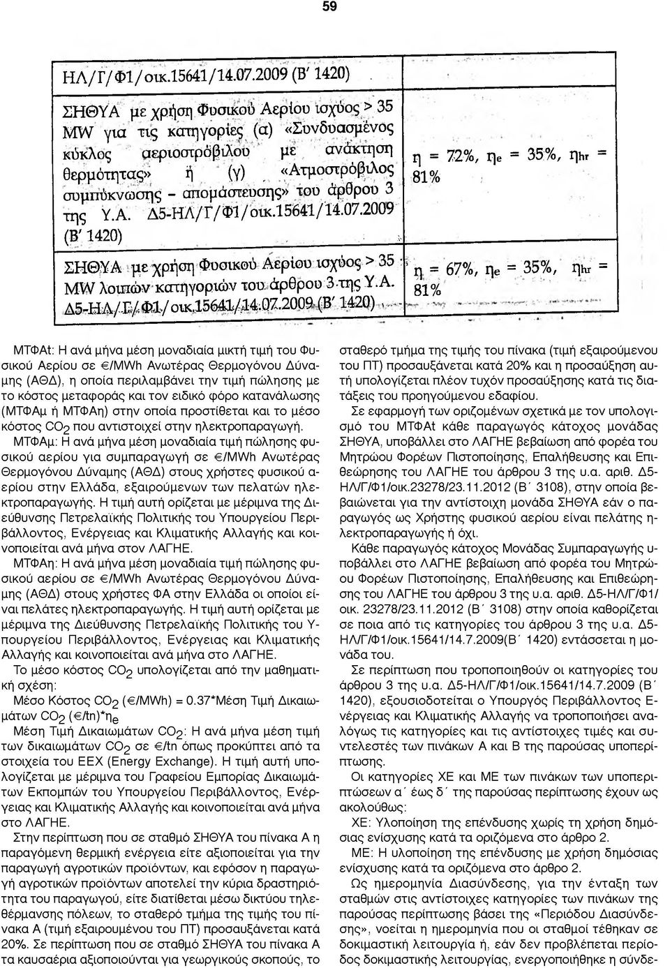 15641/ϊ4.07.09 (Β' 14), ;, η = 72%, T\e = 35%, t]hr = 81% : Σ Η Θ Υ Α μ ε χρήση Φυσικού Αερίου ισχύος > 3 5 : M W λοιπών κατηγοριών του: άρθρου 3 της Υ.Α. Δ 5 -Η Α /-Ε /Φ 1 /ο ικ.1 5 6 4 1 /ϋ 4 :0 7.