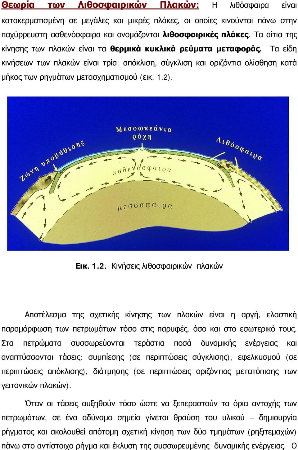 Τα είδη κινήσεων των πλακών είναι τρία: απόκλιση, σύγκλιση και οριζόντια ολίσθηση κατά μήκος των ρηγμάτων μετασχηματισμού (εικ. 1.2)