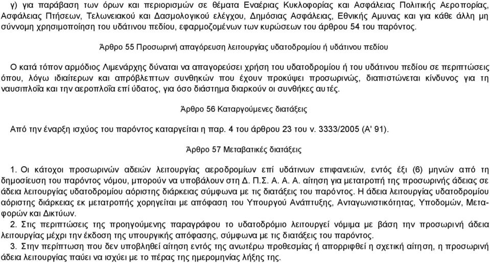 Άρθρο 55 Προσωρινή απαγόρευση λειτουργίας υδατοδρομίου ή υδάτινου πεδίου Ο κατά τόπον αρμόδιος Λιμενάρχης δύναται να απαγορεύσει χρήση του υδατοδρομίου ή του υδάτινου πεδίου σε περιπτώσεις όπου, λόγω