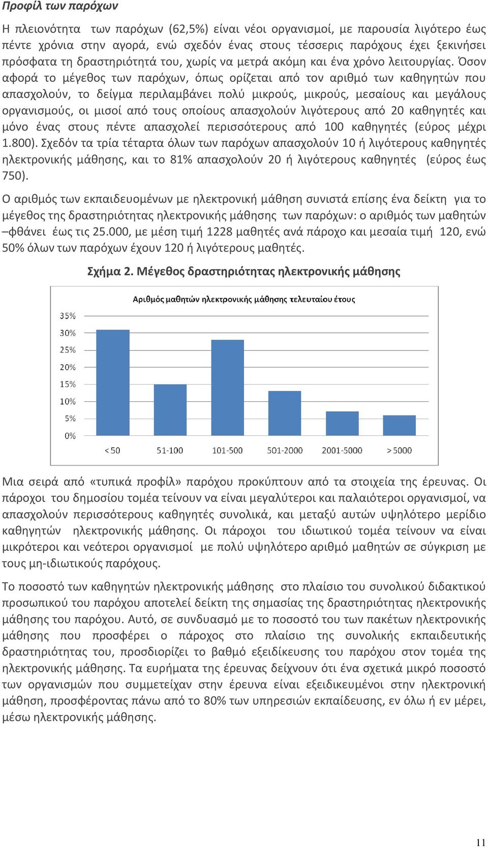 Όσον αφορά το μέγεθος των παρόχων, όπως ορίζεται από τον αριθμό των καθηγητών που απασχολούν, το δείγμα περιλαμβάνει πολύ μικρούς, μικρούς, μεσαίους και μεγάλους οργανισμούς, οι μισοί από τους