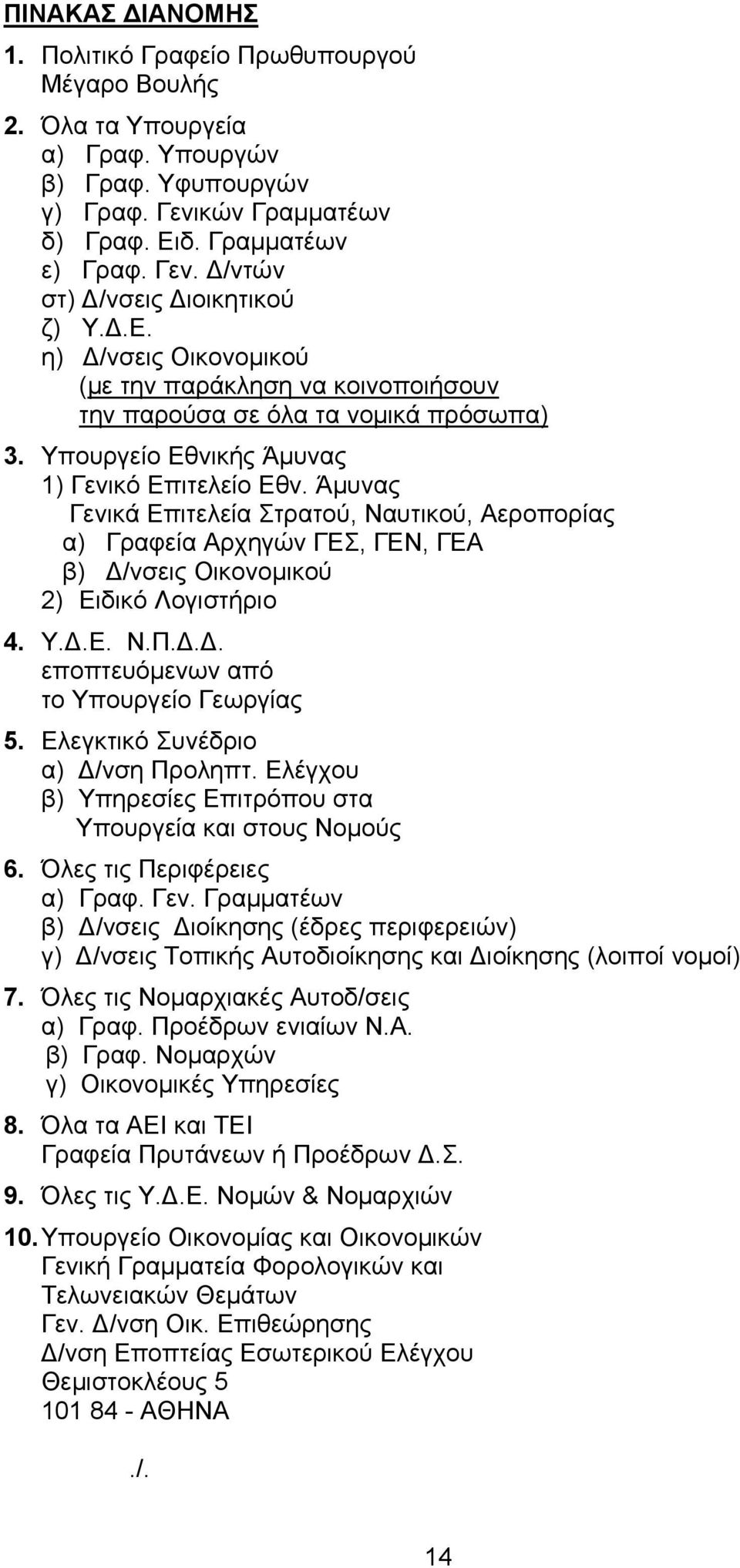 Άμυνας Γενικά Επιτελεία Στρατού, Ναυτικού, Αεροπορίας α) Γραφεία Αρχηγών ΓΕΣ, ΓΕΝ, ΓΕΑ β) Δ/νσεις Οικονομικού 2) Ειδικό Λογιστήριο 4. Υ.Δ.Ε. Ν.Π.Δ.Δ. εποπτευόμενων από το Υπουργείο Γεωργίας 5.