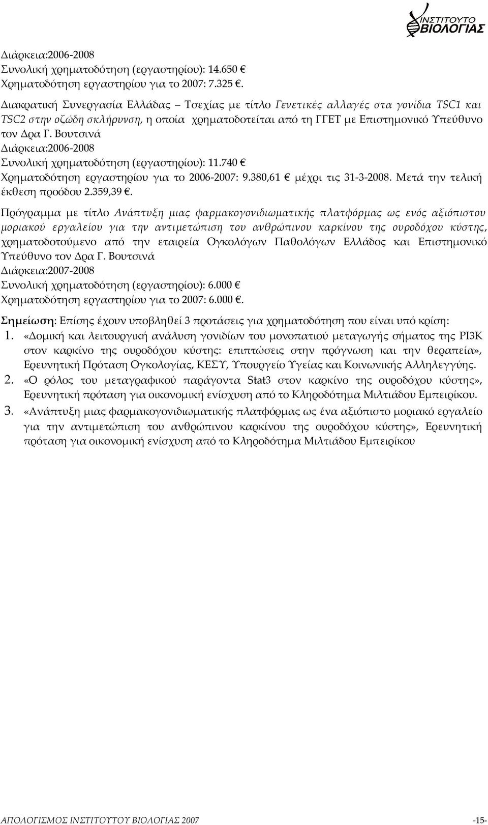 Βουτσινά Διάρκεια:2006-2008 Συνολική χρηματοδότηση (εργαστηρίου): 11.740 Χρηματοδότηση εργαστηρίου για το 2006-2007: 9.380,61 μέχρι τις 31-3-2008. Μετά την τελική έκθεση προόδου 2.359,39.