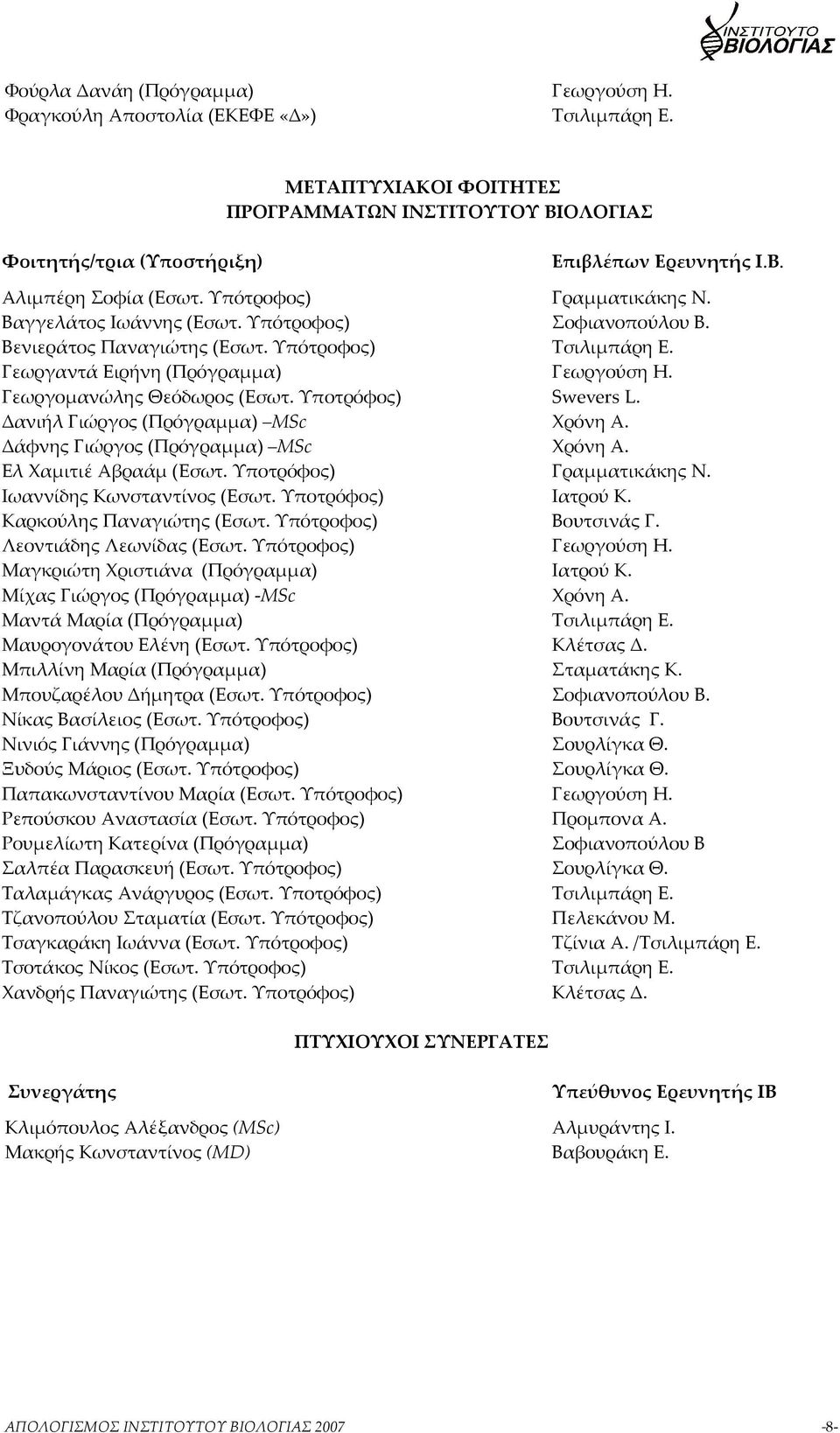 Υποτρόφος) Δανιήλ Γιώργος (Πρόγραμμα) MSc Δάφνης Γιώργος (Πρόγραμμα) MSc Ελ Χαμιτιέ Αβραάμ (Εσωτ. Υποτρόφος) Γραμματικάκης Ν. Σοφιανοπούλου Β. Τσιλιμπάρη Ε. Γεωργούση Η. Swevers L. Χρόνη Α.