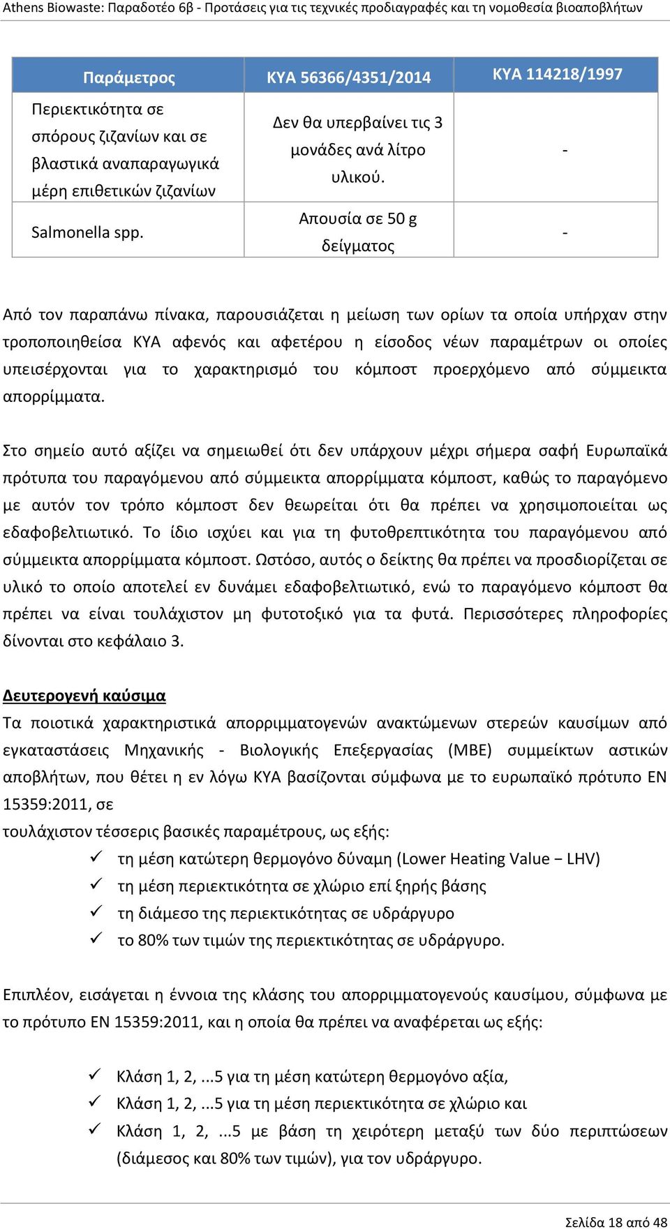 Απουσία σε 50 g δείγματος - - Από τον παραπάνω πίνακα, παρουσιάζεται η μείωση των ορίων τα οποία υπήρχαν στην τροποποιηθείσα ΚΥΑ αφενός και αφετέρου η είσοδος νέων παραμέτρων οι οποίες υπεισέρχονται