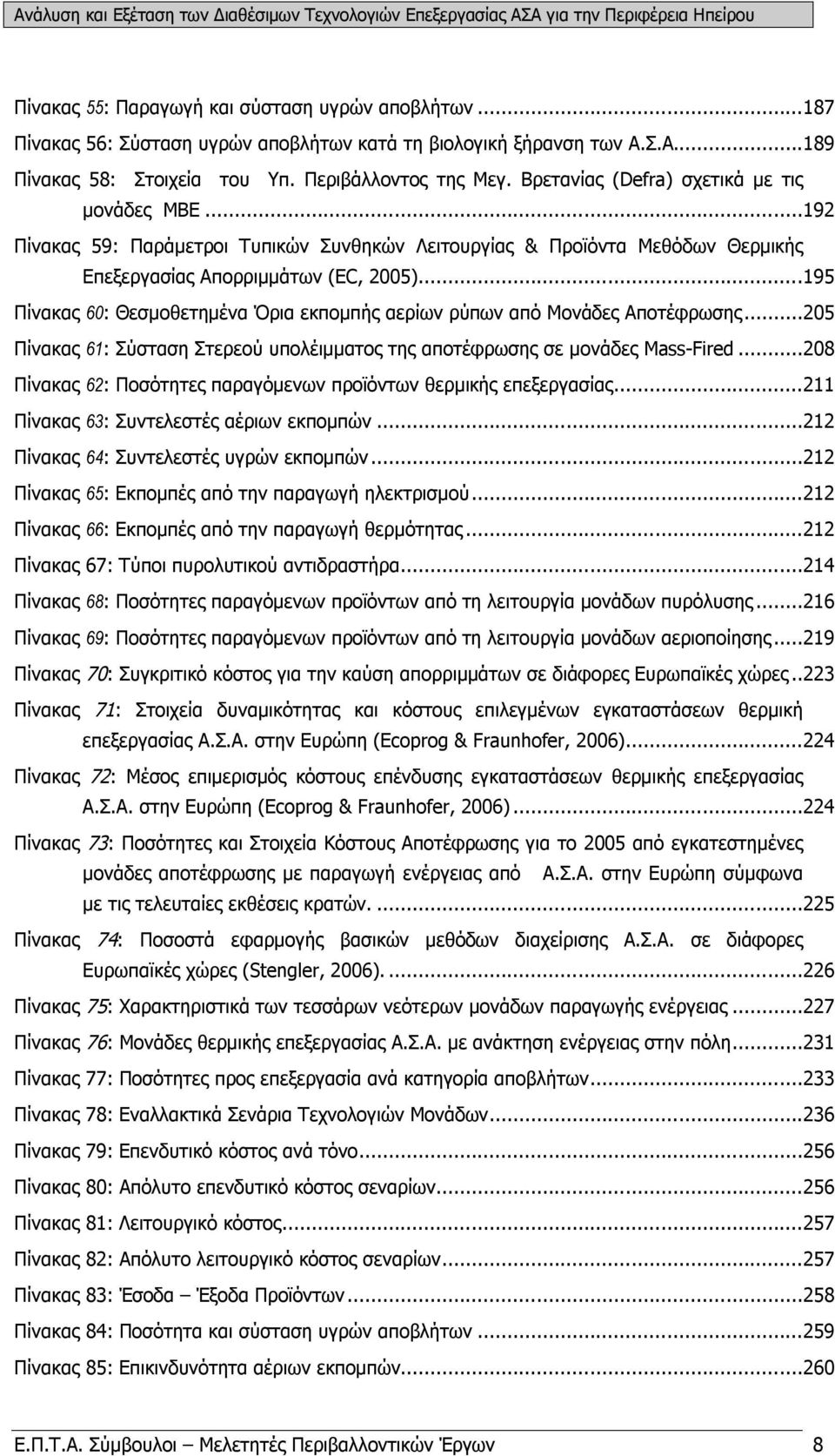 ..195 Πίνακας 60: Θεσμοθετημένα Όρια εκπομπής αερίων ρύπων από Μονάδες Αποτέφρωσης...205 Πίνακας 61: Σύσταση Στερεού υπολέιμματος της αποτέφρωσης σε μονάδες Mass-Fired.