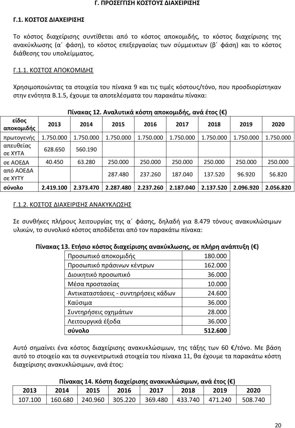 υπολείμματος. Γ.1.1. ΚΟΣΤΟΣ ΑΠΟΚΟΜΙΔΗΣ Χρησιμοποιώντας τα στοιχεία του πίνακα 9 και τις τιμές κόστους/τόνο, που προσδιορίστηκαν στην ενότητα Β.1.5, έχουμε τα αποτελέσματα του παρακάτω πίνακα: είδος αποκομιδής Πίνακας 12.