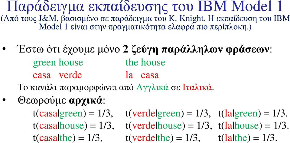 ) Έστω ότι έχουμε μόνο 2 ζεύγη παράλληλων φράσεων: green huse casa verde the huse la casa Το κανάλι παραμορφώνει από