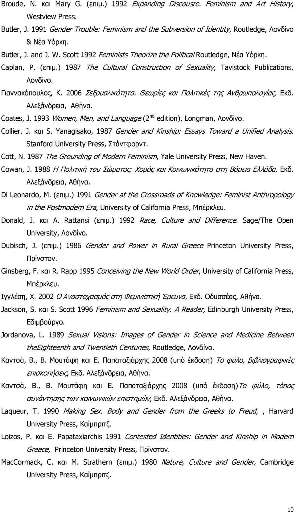 ) 1987 The Cultural Construction of Sexuality, Τavistock Publications, Λονδίνο. Γιαννακόπουλος, Κ. 2006 Σεξουαλικότητα. Θεωρίες και Πολιτικές της Ανθρωπολογίας, Εκδ. Αλεξάνδρεια, Αθήνα. Coates, J.