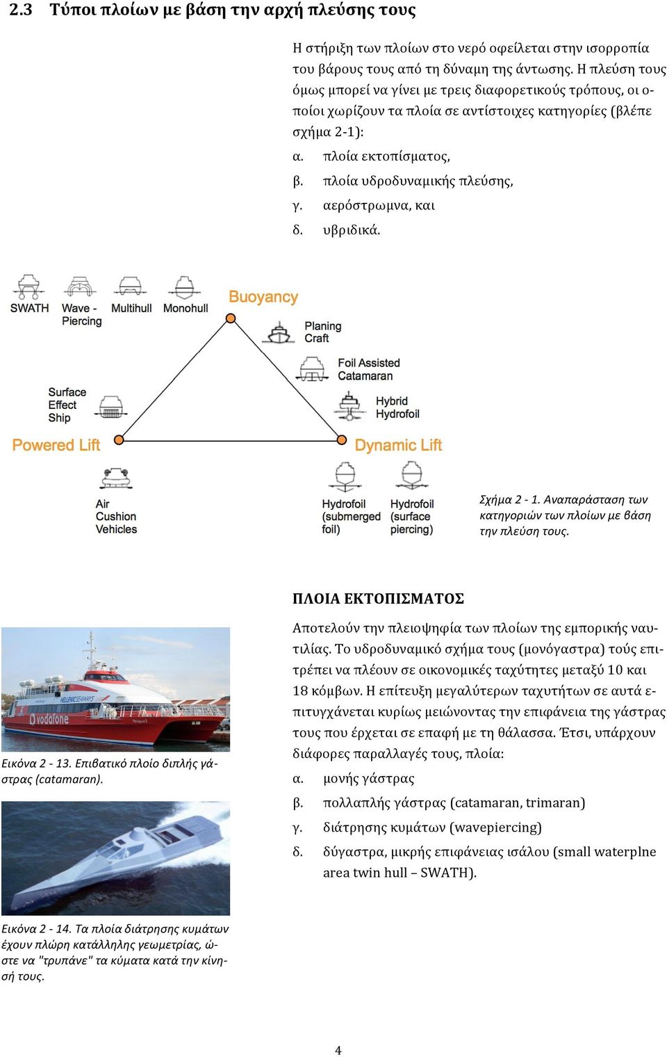 αερόστρωμνα, και δ. υβριδικά. Σχήμα 2-1. Αναπαράσταση των κατηγοριών των πλοίων με βάση την πλεύση τους. ΠΛΟΙΑ ΕΚΤΟΠΙΣΜΑΤΟΣ Εικόνα 2-13. Επιβατικό πλοίο διπλής γά- στρας (catamaran).