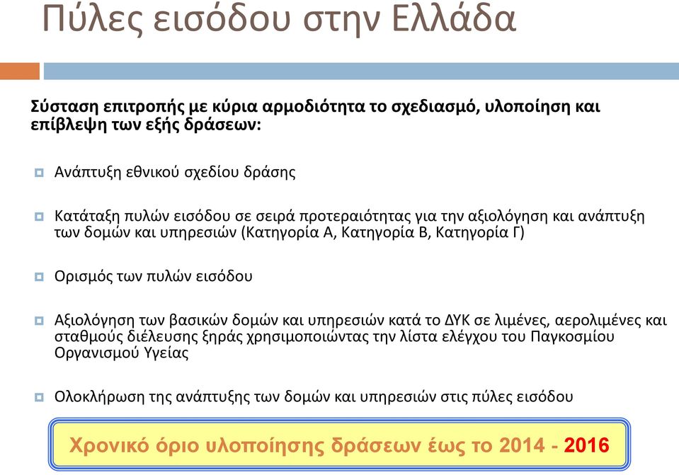 των πυλών εισόδου Αξιολόγηση των βασικών δομών και υπηρεσιών κατά το ΔΥΚ σε λιμένες, αερολιμένες και σταθμούς διέλευσης ξηράς χρησιμοποιώντας την λίστα