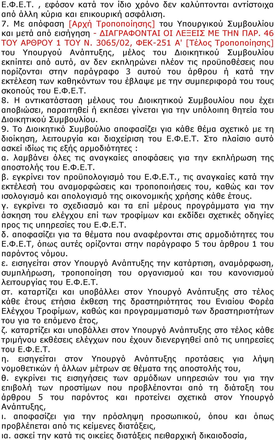 3065/02, ΦΕΚ-251 Α' [Τέλος Τροποποίησης] του Υπουργού Ανάπτυξης, μέλος του Διοικητικού Συμβουλίου εκπίπτει από αυτό, αν δεν εκπληρώνει πλέον τις προϋποθέσεις που πορίζονται στην παράγραφο 3 αυτού του