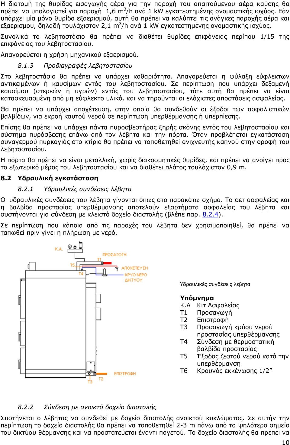 Συνολικά το λεβητοστάσιο θα πρέπει να διαθέτει θυρίδες επιφάνειας περίπου 1/15 της επιφάνειας του λεβητοστασίου. Απαγορεύεται η χρήση μηχανικού εξαερισμού. 8.1.3 Προδιαγραφές λεβητοστασίου Στο λεβητοστάσιο θα πρέπει να υπάρχει καθαριότητα.