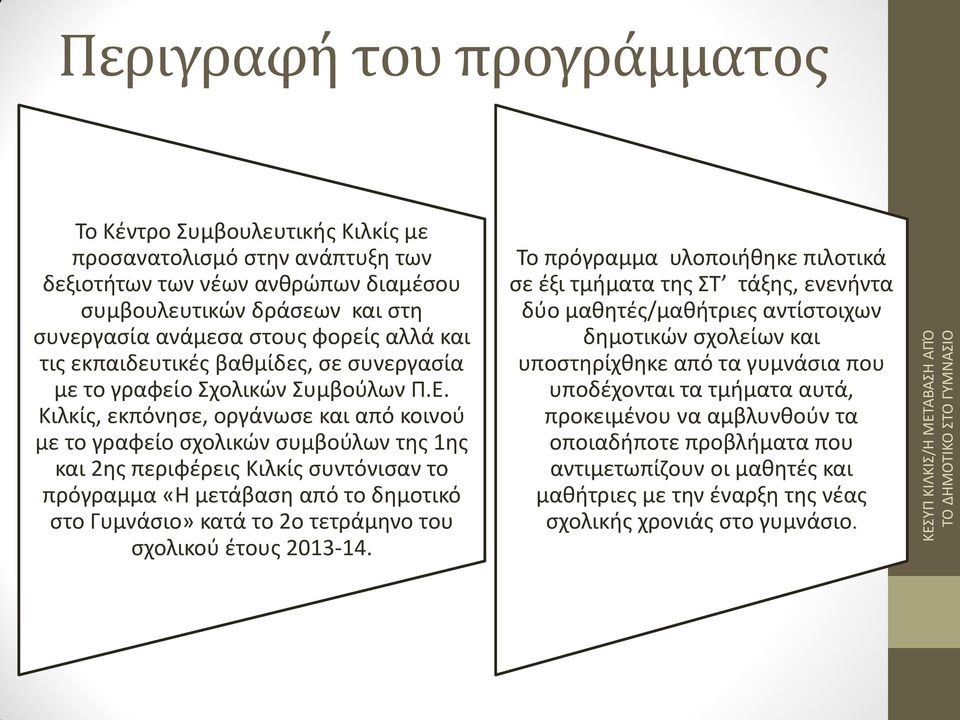 Κιλκίς, εκπόνησε, οργάνωσε και από κοινού με το γραφείο σχολικών συμβούλων της 1ης και 2ης περιφέρεις Κιλκίς συντόνισαν το πρόγραμμα «Η μετάβαση από το δημοτικό στο Γυμνάσιο» κατά το 2ο τετράμηνο του