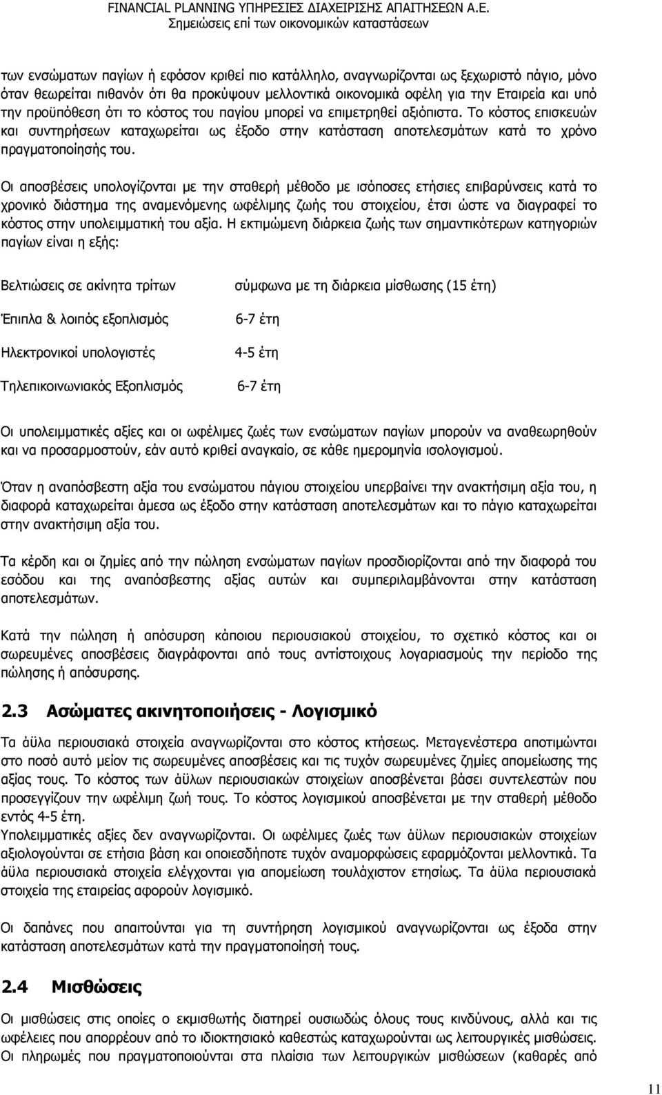 Οι αποσβέσεις υπολογίζονται με την σταθερή μέθοδο με ισόποσες ετήσιες επιβαρύνσεις κατά το χρονικό διάστημα της αναμενόμενης ωφέλιμης ζωής του στοιχείου, έτσι ώστε να διαγραφεί το κόστος στην