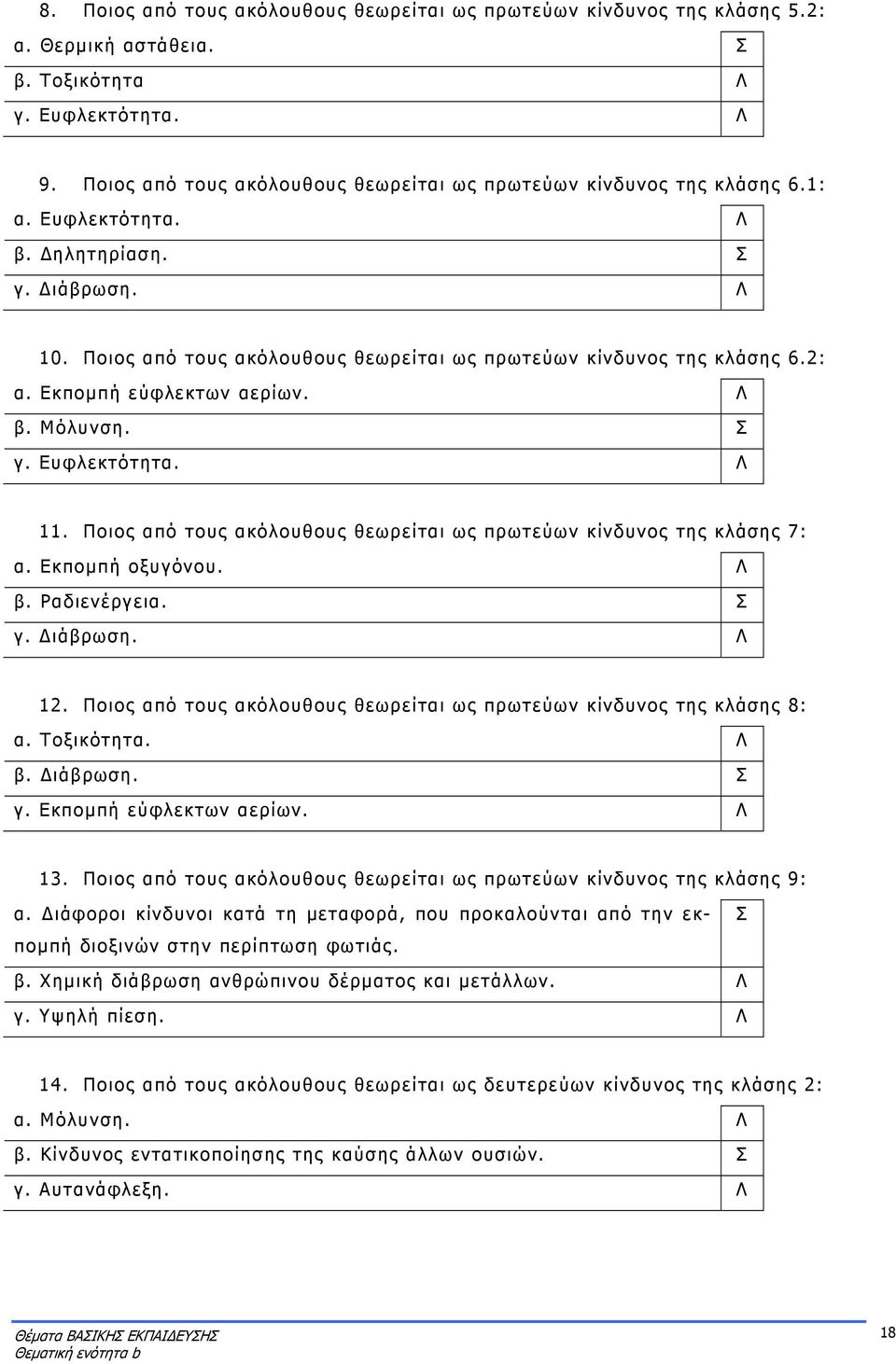 Εκπομπή εύφλεκτων αερίων. β. Μόλυνση. γ. Ευφλεκτότητα. 11. Ποιος από τους ακόλουθους θεωρείται ως πρωτεύων κίνδυνος της κλάσης 7: α. Εκπομπή οξυγόνου. β. Ραδιενέργεια. γ. Διάβρωση. 12.