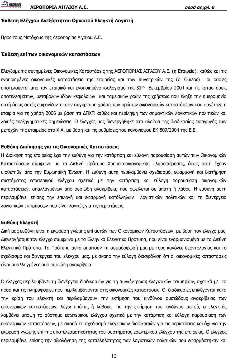 Δεκεμβρίου 2004 και τις καταστάσεις αποτελεσμάτων, μεταβολών ιδίων κεφαλαίων και ταμειακών ροών της χρήσεως που έληξε την ημερομηνία αυτή όπως αυτές εμφανίζονται σαν συγκρίσιμη χρήση των πρώτων