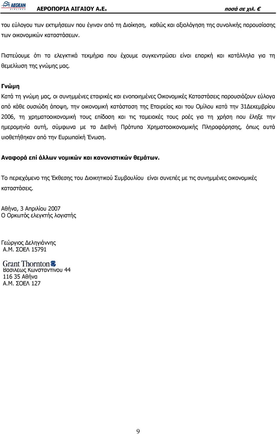 Γνώμη Κατά τη γνώμη μας, οι συνημμένες εταιρικές και ενοποιημένες Οικονομικές Καταστάσεις παρουσιάζουν εύλογα από κάθε ουσιώδη άποψη, την οικονομική κατάσταση της Εταιρείας και του Ομίλου κατά την