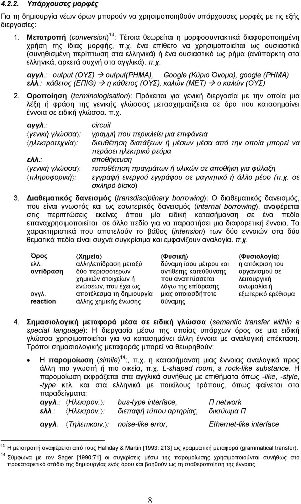 ήση της ίδιας μορφής, π.χ. ένα επίθετο να χρησιμοποιείται ως ουσιαστικό (συνηθισμένη περίπτωση στα ελληνικά) ή ένα ουσιαστικό ως ρήμα (ανύπαρκτη στα ελληνικά, αρκετά συχνή στα αγγλικά). π.χ. output (ΟΥΣ) output(ρημα), Google (Κύριο Όνομα), google (ΡΗΜΑ) κάθετος (ΕΠΙΘ) η κάθετος (ΟΥΣ), καλών (ΜΕΤ) ο καλών (ΟΥΣ) 2.