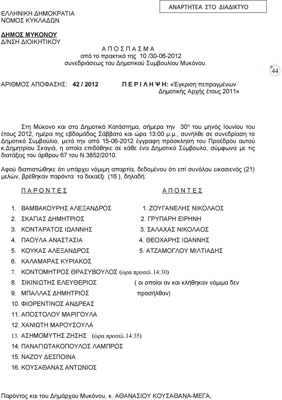 εβδομάδας Σάββατο και ώρα 13:00 μ.μ., συνήλθε σε συνεδρίαση το Δημοτικό Συμβoύλιo, μετά την από 15-06-2012 έγγραφη πρόσκληση του Προέδρου αυτoύ κ.