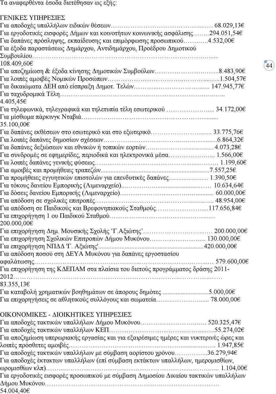 409,60 Για αποζημίωση & έξοδα κίνησης Δημοτικών Συμβούλων...8.483,90 Για λοιπές αμοιβές Νομικών Προσώπων.......1.504,57 Για δικαιώματα ΔΕΗ από είσπραξη Δημοτ. Τελών...... 147.