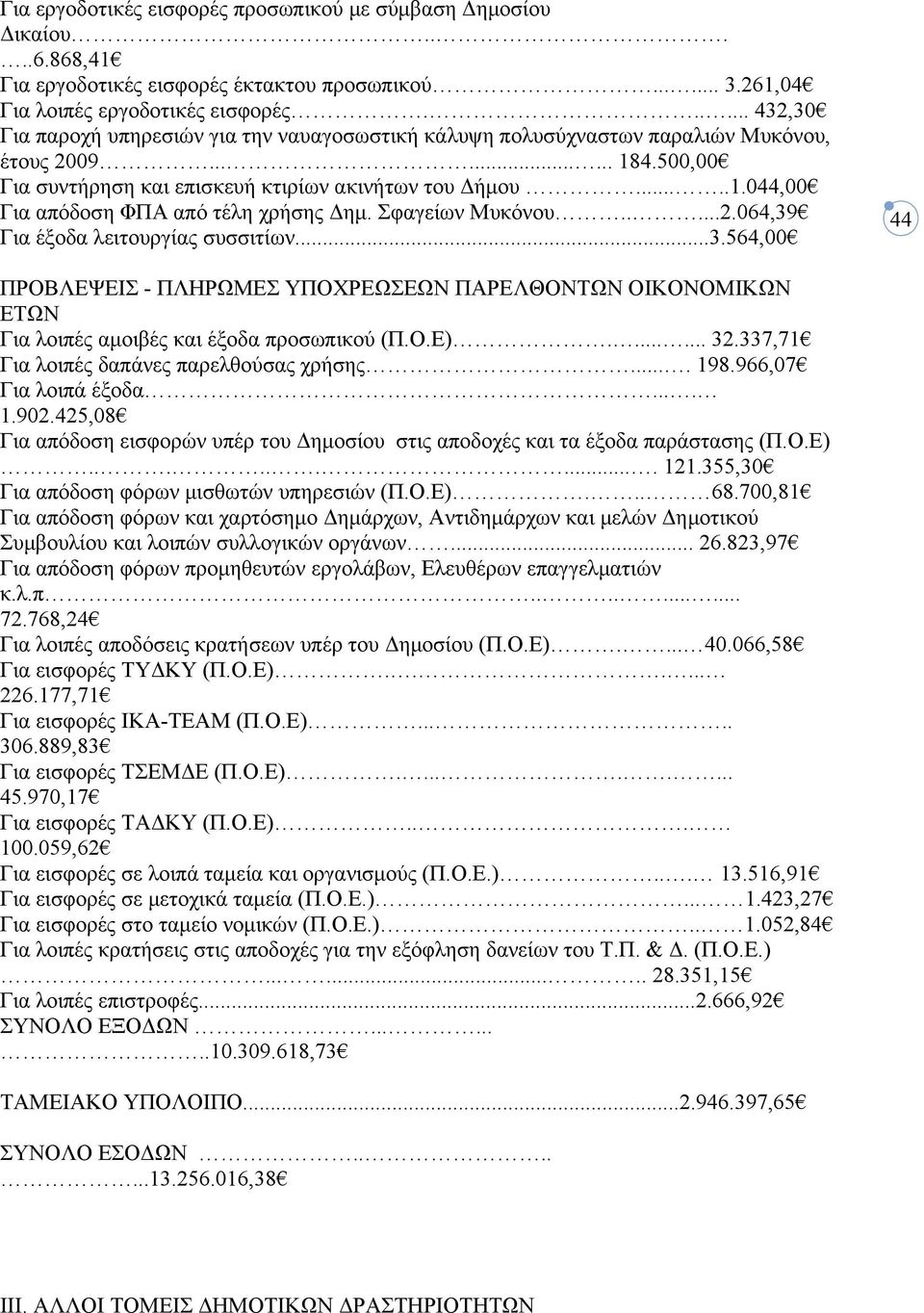 Σφαγείων Μυκόνου.....2.064,39 Για έξοδα λειτουργίας συσσιτίων...3.564,00 ΠΡΟΒΛΕΨΕΙΣ - ΠΛΗΡΩΜΕΣ ΥΠΟΧΡΕΩΣΕΩΝ ΠΑΡΕΛΘΟΝΤΩΝ ΟΙΚΟΝΟΜΙΚΩΝ ΕΤΩΝ Για λοιπές αμοιβές και έξοδα προσωπικού (Π.Ο.Ε)....... 32.