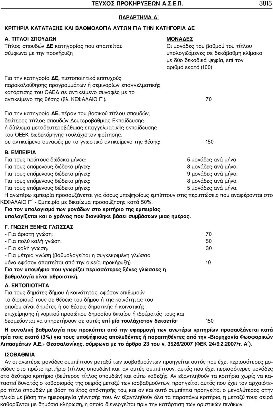 εκατό (100) Για την κατηγορία ΔΕ, πιστοποιητικό επιτυχούς παρακολούθησης προγραμμάτων ή σεμιναρίων επαγγελματικής κατάρτισης του ΟΑΕΔ σε αντικείμενο συναφές με το αντικείμενο της θέσης (βλ.