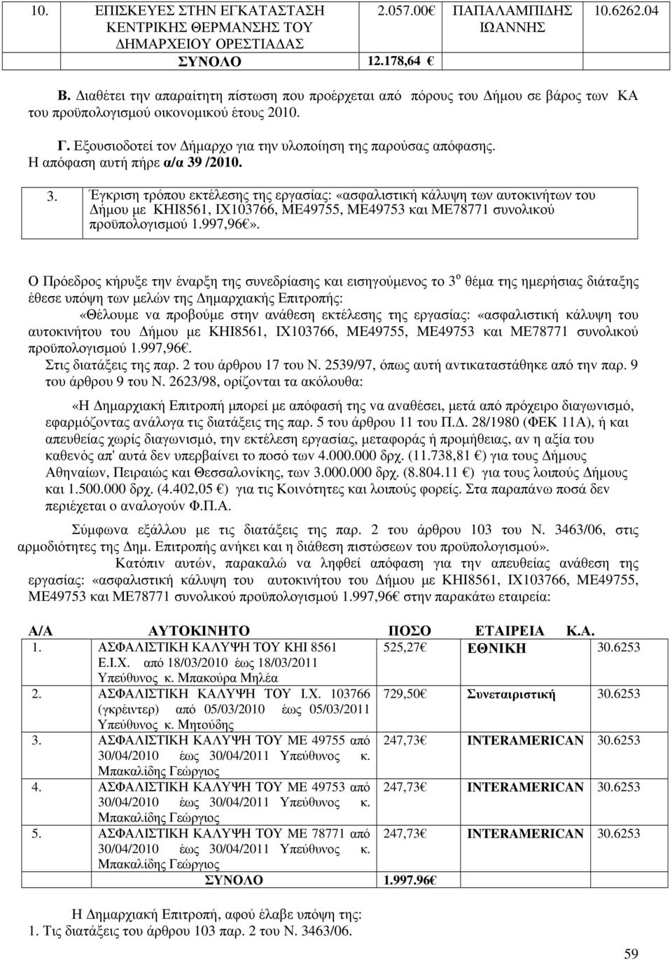 Η απόφαση αυτή πήρε α/α 39 /2010. 3. Έγκριση τρόπου εκτέλεσης της εργασίας: «ασφαλιστική κάλυψη των αυτοκινήτων του ήµου µε ΚΗΙ8561, ΙΧ103766, ME49755, ME49753 και ΜΕ78771 συνολικού προϋπολογισµού 1.