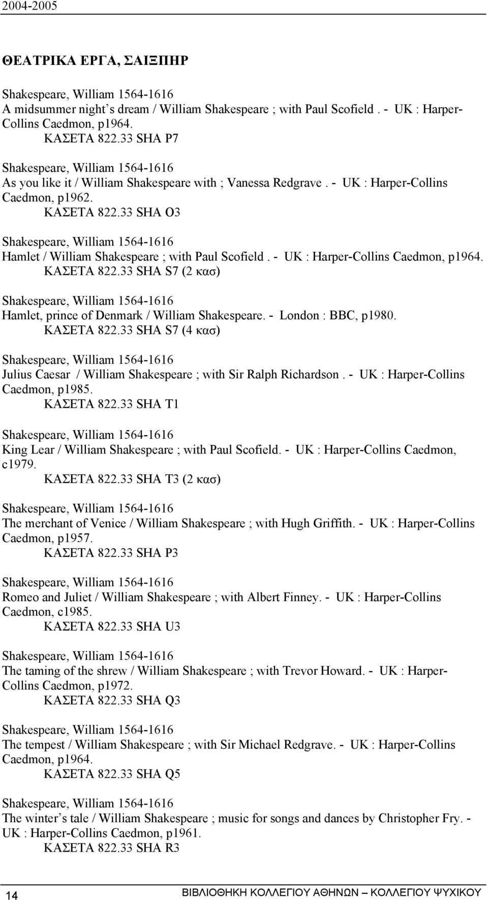 33 SHA O3 Shakespeare, William 1564-1616 Hamlet / William Shakespeare ; with Paul Scofield. - UK : Harper-Collins Caedmon, p1964. ΚΑΣΕΤΑ 822.