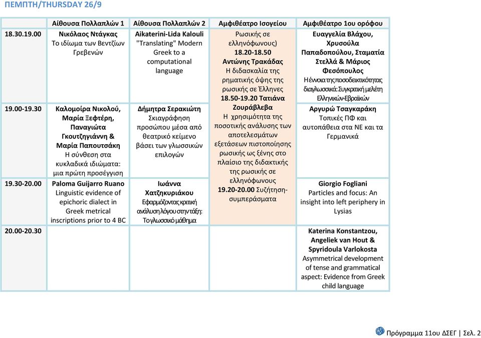00 Paloma Guijarro Ruano Linguistic evidence of epichoric dialect in Greek metrical inscriptions prior to 4 BC Aikaterini Lida Kalouli "Translating" Modern Greek to a computational language Δήμητρα
