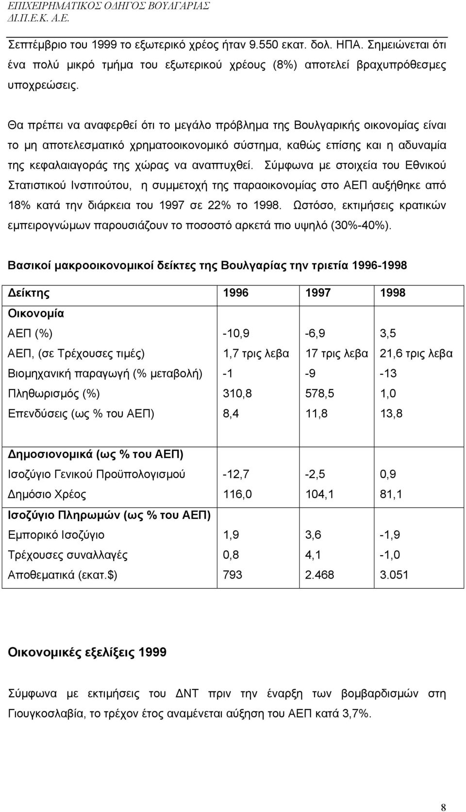 Σύµφωνα µε στοιχεία του Εθνικού Στατιστικού Ινστιτούτου, η συµµετοχή της παραοικονοµίας στο ΑΕΠ αυξήθηκε από 18% κατά την διάρκεια του 1997 σε 22% το 1998.